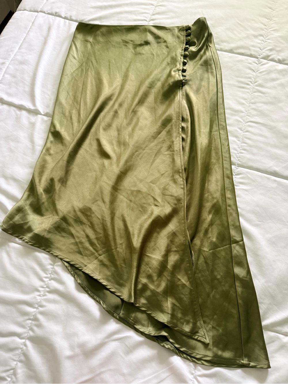 New! Olive Green Satin Asymmetric Wrap Skirt Large